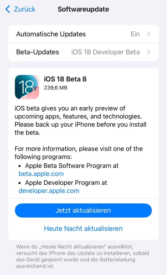 蚌山苹果手机维修分享苹果 iOS / iPadOS 18 开发者预览版 Beta 8 发布 